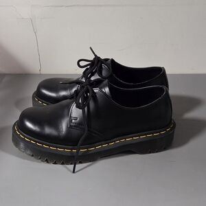 Dr. Martens Black Leather Oxfords with Yellow Stitching